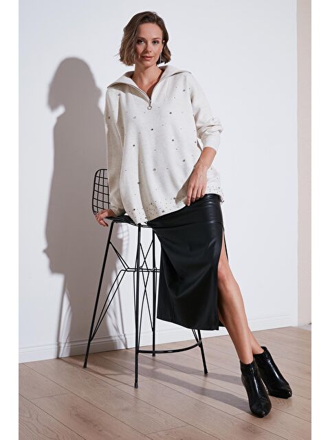 Lela Yarım Fermuarlı Yaka Taşlı Triko Kadın Kazak - S000243045-37456