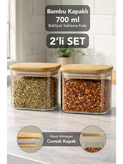 Meleni Home 2'li Bambu Kapak Aura Kare Saklama Kabı 700 ml