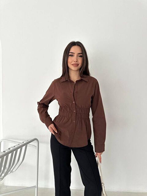 carla10 Kadın Bel Büzgülü Uzun Kollu Kahve Gömlek - S000504799-19413