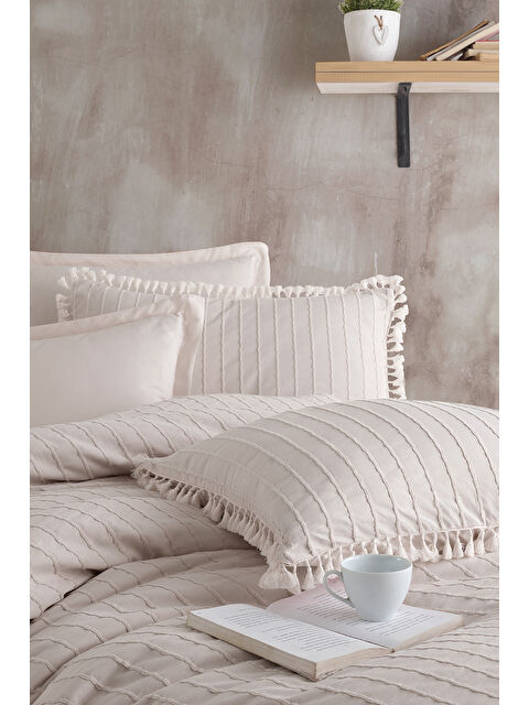 Nordqueen %100 Pamuk Çift Kişilik Püsküllü Nevresim Seti Estina Taş Rengi - S000057554-25636