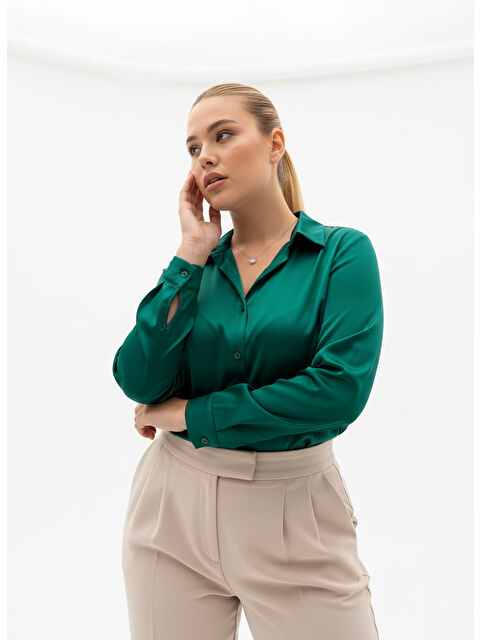 Pera Moda Büyük Beden İpek Saten Klasik Gömlek - S000504800-18194