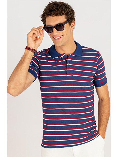 TUDORS Erkek Slim Fit Dar Kesim %100 Pamuk Çizgili Pike Sax Mavi Polo Yaka Tişört