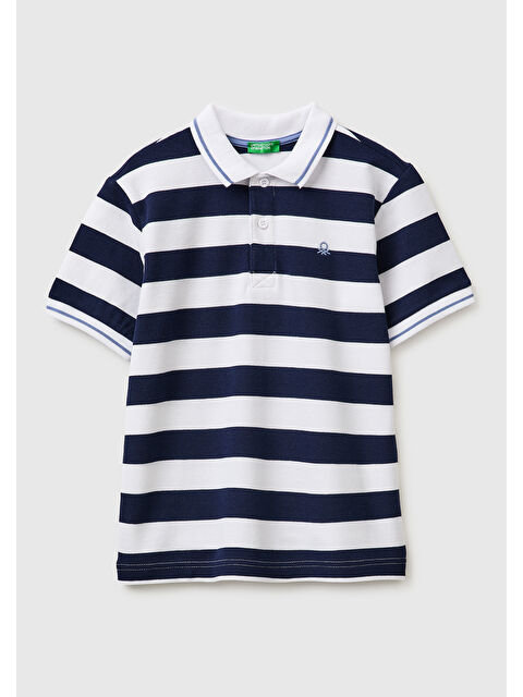 United Colors Of Benetton Erkek Çocuk Koyu Mavi Mix Çizgili Logo Nakışlı Polo Yaka Çocuk T-Shirt