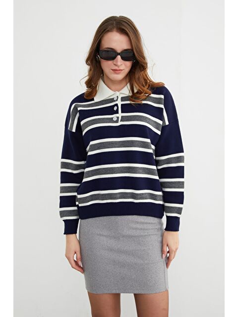 Fullamoda Çizgili Yarım Düğmeli Polo Yaka Triko Kazak - S000485999-21164