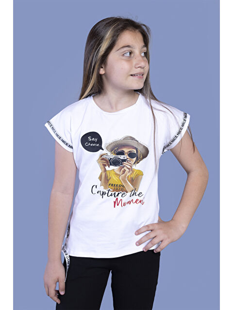 Toontoykids Kız Çocuk Şerit Detaylı Baskılı Tişört