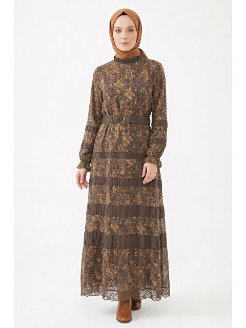 Remsa Kemer ve Boncuk Detay Etnik Desenli Elbise 330341 Kahverengi