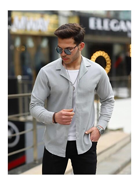 Comstar Erkek Trend Kruvaze Yaka Gri Keten Gömlek