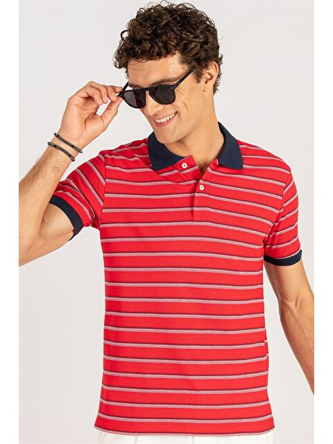 TUDORS Erkek Slim Fit Dar Kesim %100 Pamuk Çizgili Pike Kırmızı Polo Yaka Tişört