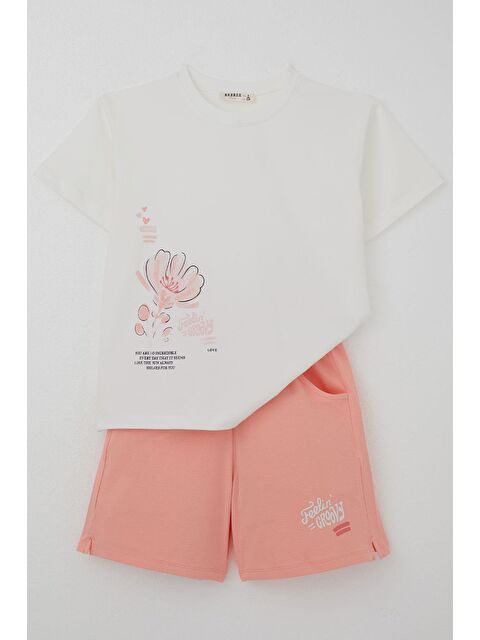 Breeze Kız Çocuk Şortlu Takım Sevgi Temalı Çiçek Baskılı Ekru (6-12 Yaş) - S000401084-19965