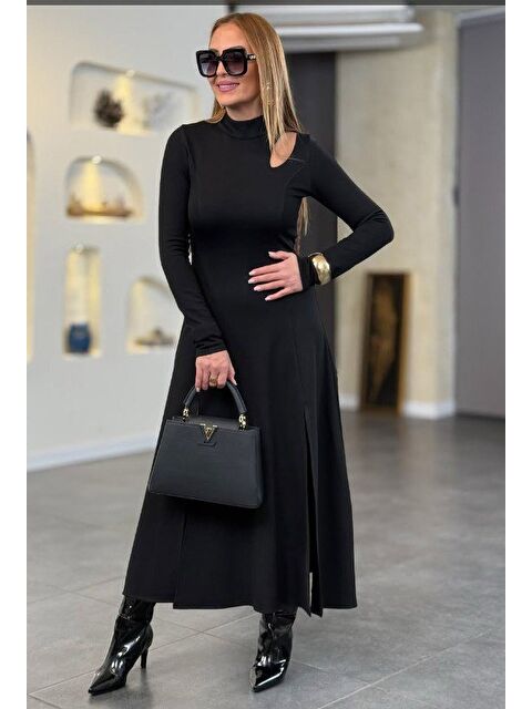 Jane's Kadın Balıkçı Yaka Damla Detaylı Yırtmaçlı Uzun Viskon Iki Iplik Maxi Elbise - S000528880-19351