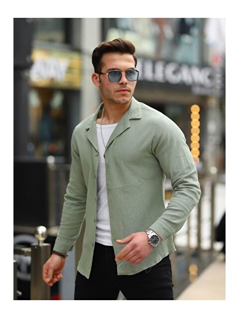 Comstar Erkek Trend Kruvaze Yaka Yeşil Keten Gömlek