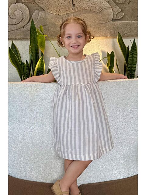 Breeze Kız Çocuk Elbise Arkası Düğme Detaylı Kol Kısmı Fırfırlı Ekru (3-8 Yaş) - S000401081-19965