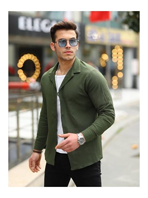 Comstar Erkek Trend Kruvaze Yaka Haki Keten Gömlek