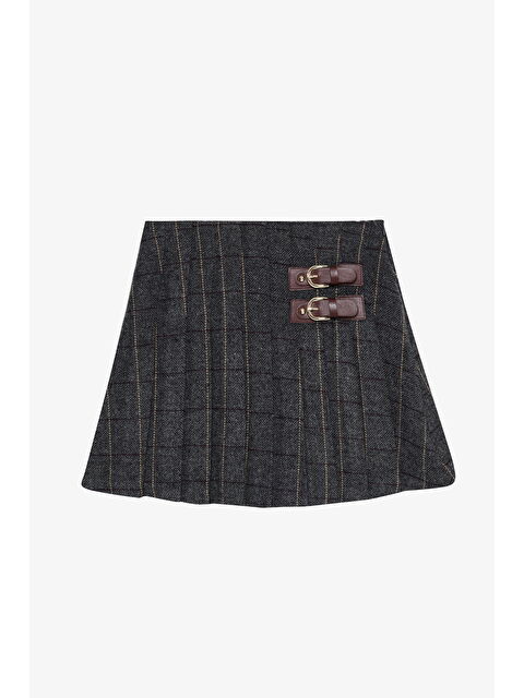 QUZU Balıksırtı Kemer Tokalı Pileli Mini Etek Antrasit - S000464505-29666