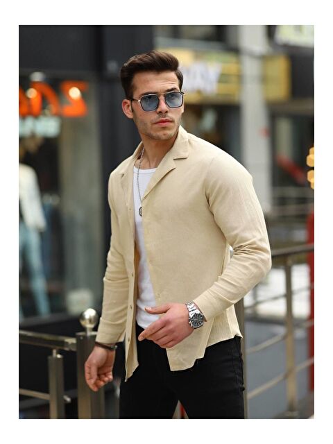 Comstar Erkek Trend Kruvaze Yaka Bej Keten Gömlek