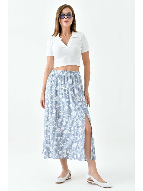 Saade Mavi Kadın A Kesim Beli Lastikli Desenli Yırtmaçlı Midi Dokuma Etek - Viskon