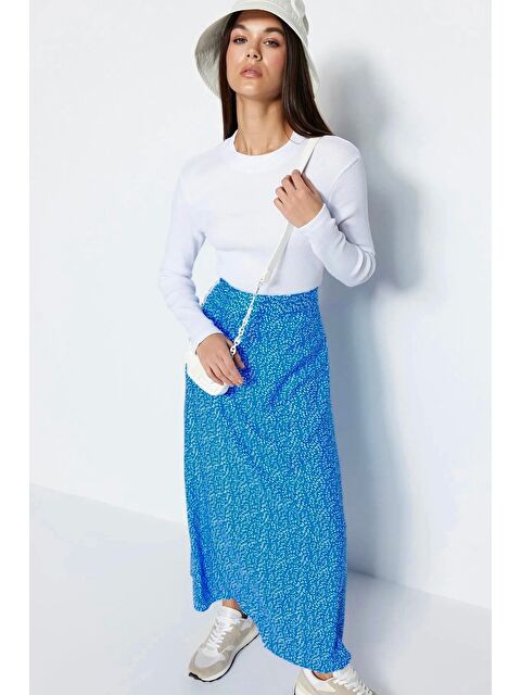 Saade Mavi Çiçek Baskılı Kloş Etek