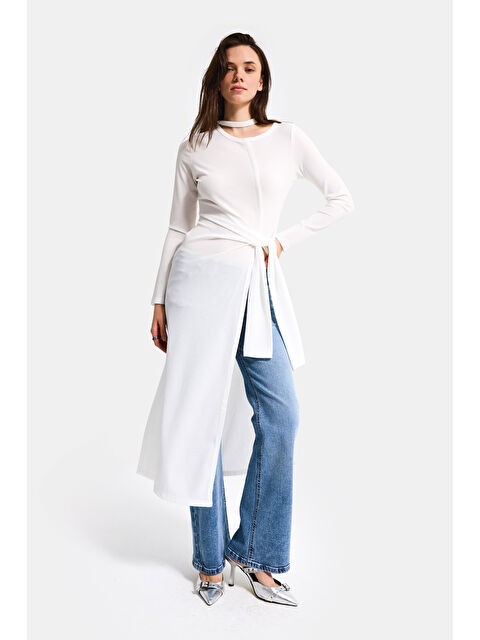 It's Basic Kadın Beyaz w5 Maxi Boy %100 Organik Kumaş Tasarım Belden Bağlamalı Tunik