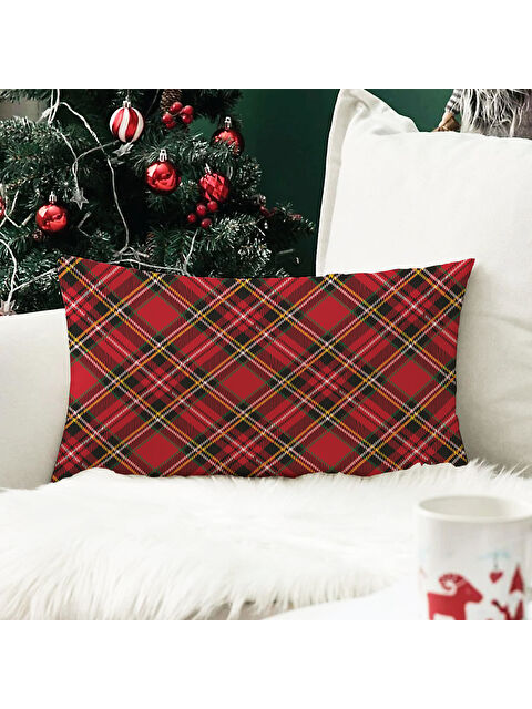 Evmila Yılbaşı Temalı Ekose Desenli Kadife Kırlent Kılıfı 35x55 cm - S000285266-23173