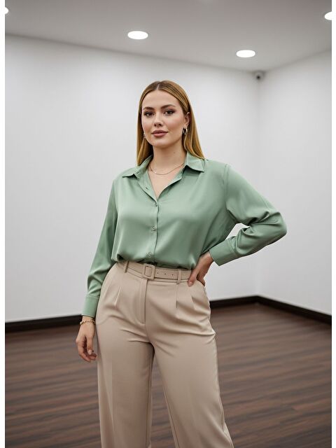 Pera Moda Büyük Beden İpek Saten Klasik Gömlek - S000504800-14939