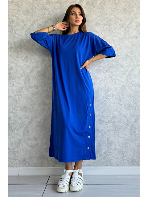 Gülseli Bisiklet Yaka Çıtçıt Detaylı Kadın Salaş Elbise - S000299142-23710