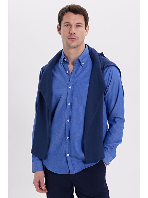 TUDORS Erkek Regular Fit Klasik Kesim Düz Yaka Düğmeli Cepli Saks Mavi Gömlek - S000519216-23710