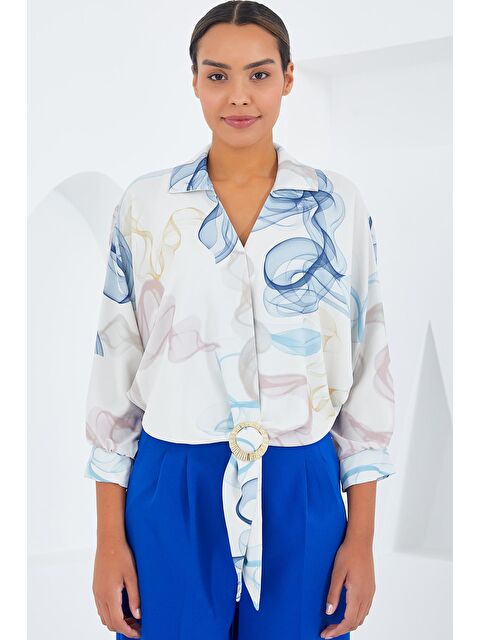 Bigdart Kadın Oversize Dökümlü Crop Saten Gömlek 906 - Mavi - S000178491-17234