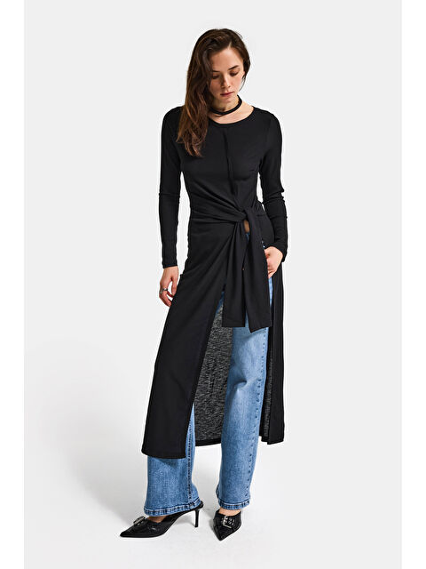 It's Basic Kadın Siyah w5 Maxi Boy %100 Organik Kumaş Tasarım Belden Bağlamalı Tunik