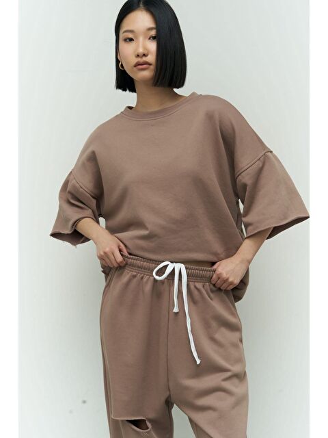 Mai Collection Lion Yırtıklı Boz Oversize T-shirt Eşofman Takım - S000512201-20600