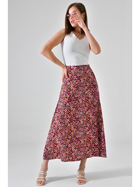 Saade Bordo Desenli Kadın A Kesim Normal Bel Çiçek Desenli Midi Dokuma Etek - Viskon