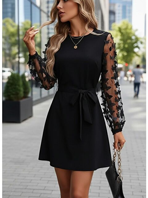 Jane's Kadın Uzun Kollu Bisiklet Yaka Kollar Tül Kelebek Detaylı Ithal Krep Elbise - S000528897-19351