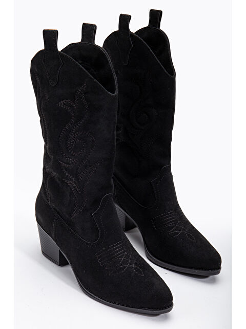 TONNY BLACK Kadın Siyah Siyah Termo Taban Nakışlı Sivri Burunlu Western Uzun Kovboy Bot - S000320318-22238