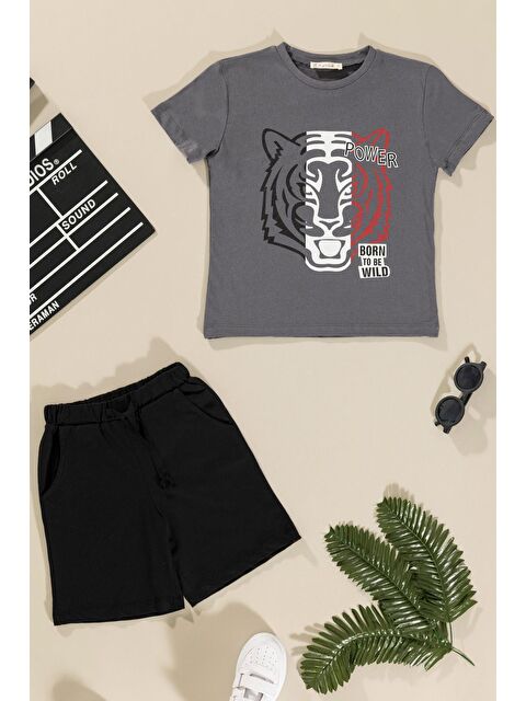 For You Kids Kaplan Baskılı Tshirt Şort Antrasit Takım - S000200466-29666