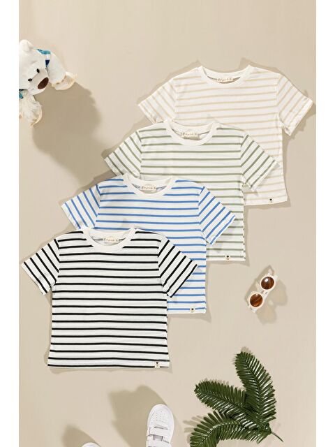 For You Kids 4'lü Kız Çocuk Yeşil Saks Siyah Taş Çizgili Tshirt - S000200467-4129