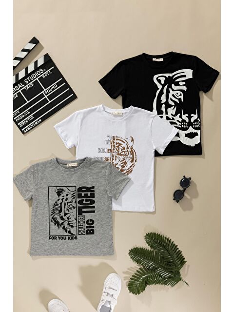 For You Kids 3'lü Kaplan Baskılı Siyah Beyaz Gri Tshirt - S000200468-3455