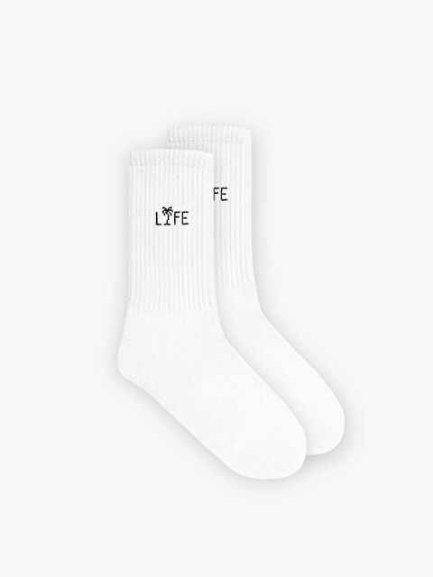 Abluka Online Unisex Life Baskılı Uzun Kolej Tenis Çorap Beyaz - S000275384-20063