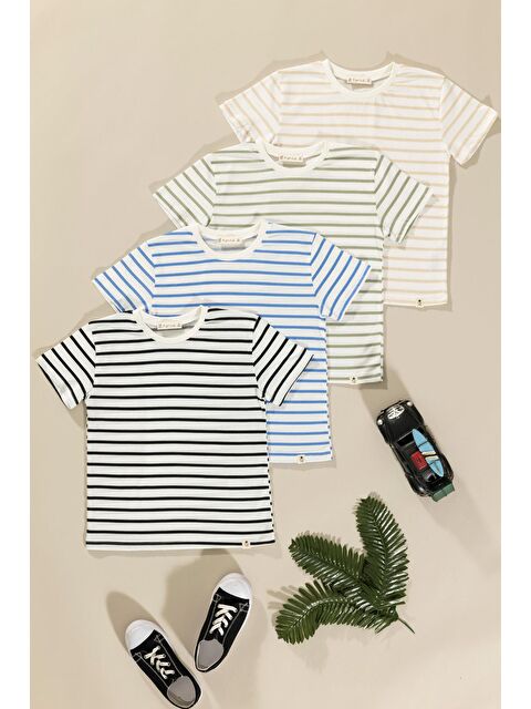 For You Kids 4'lü Erkek Çocuk Yeşil Saks Siyah Taş Çizgili Tshirt - S000200469-4129