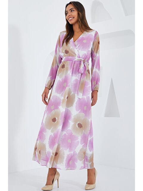 Bigdart Kadın Pembe Bej Çiçek Desenli Şifon Elbise 2134 - S000175793-20024