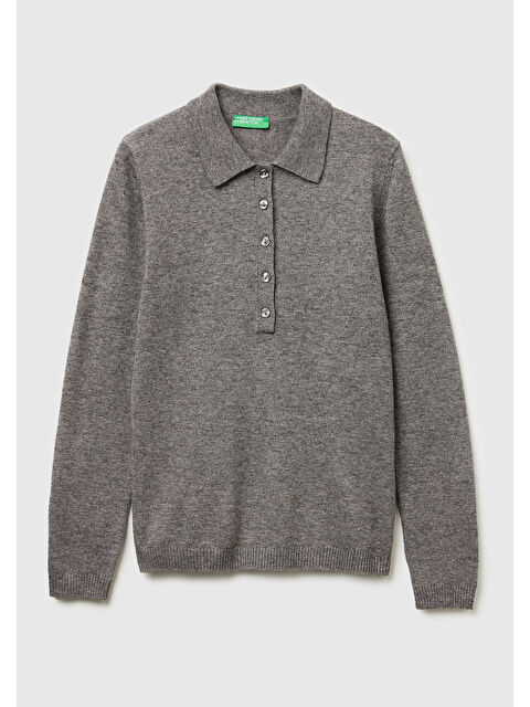 United Colors Of Benetton Kadın Antrasit Melanj Yün ve Kaşmir Karışımlı Regular Fit Polo Yaka Kazak