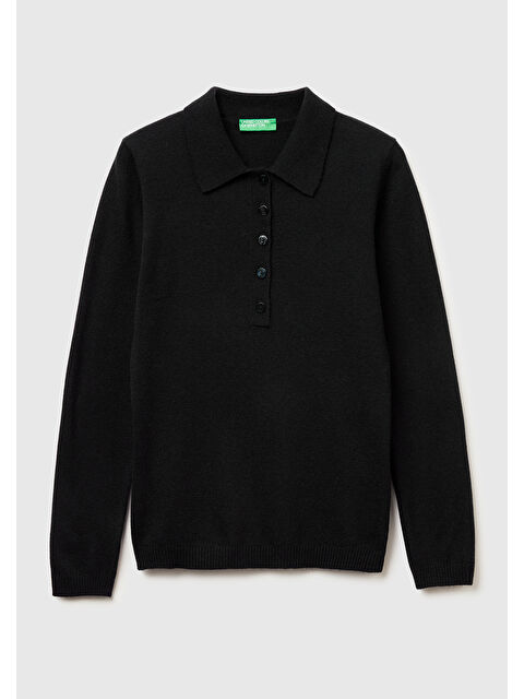 United Colors Of Benetton Kadın Sİyah Yün ve Kaşmir Karışımlı Regular Fit Polo Yaka Kazak - S000514122-19351