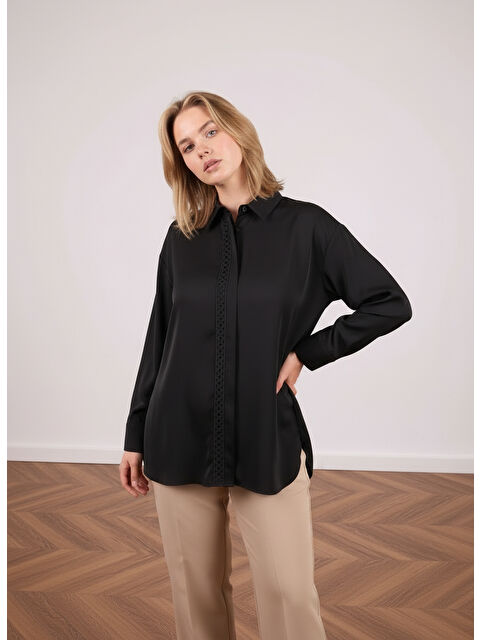 Pera Moda Büyük Beden İç Göstermeyen Uzun Oversize Önü Nakışlı Gömlek - S000504801-19351