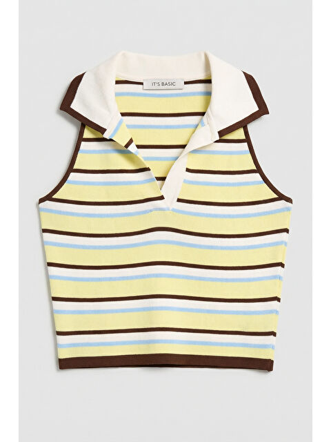 It's Basic Kadın Sarı Çizgili s6-108 Crop Fit Polo Yaka İnce Yazlık Triko Body