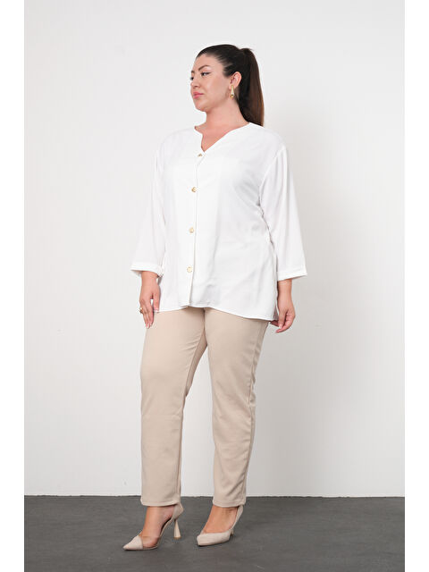 Pera Moda Büyük Beden Gold Düğmeli V Yaka Kadın Gömleği - S000504802-20063