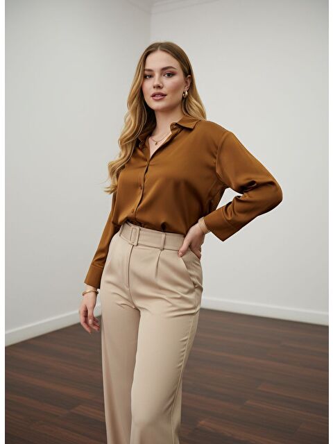 Pera Moda Büyük Beden İpek Saten Klasik Gömlek - S000504800-4557