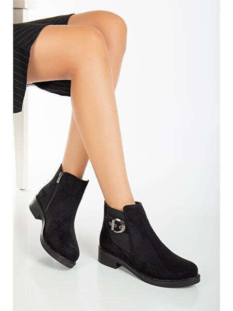 TONNY BLACK Kadın Siyah Süet Termo Taban Yanı Lastikli Tokalı Kısa Topuklu Bot - S000272754-6381