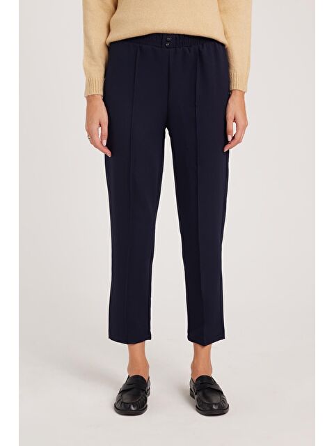 TUDORS Kadın Relax Fit Rahat Kesim Yüksel Bel Düz Paça Beli Lastikli Lacivert Pantolon - S000523089-21164