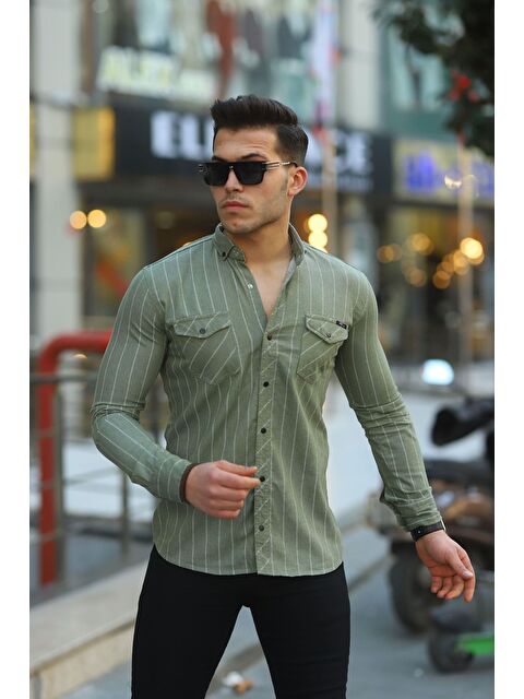 Comstar Erkek Slim Fit Çizgili Jean Gömlek