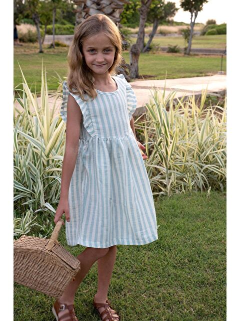 Breeze Kız Çocuk Elbise Arkası Düğme Detaylı Kol Kısmı Fırfırlı Ekru (3-8 Yaş) - S000401088-19965