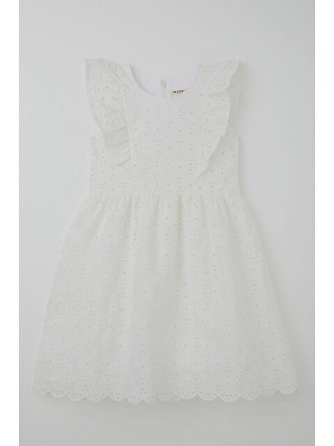 Breeze Kız Çocuk Elbise Çiçek Nakışlı Güpürlü Fırfır Detaylı Arkası Fermuarlı Ekru (7-12 Yaş) - S000401089-19965