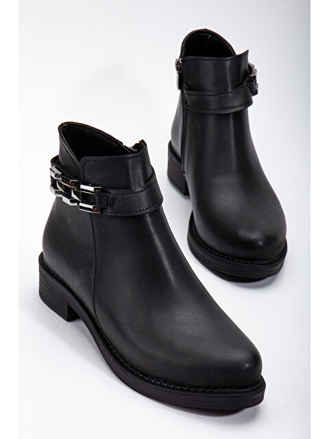 TONNY BLACK Kadın Siyah Cilt Termo Taban Zincir Detaylı Fermuarlı Kısa Topuklu Bot - S000320321-19351